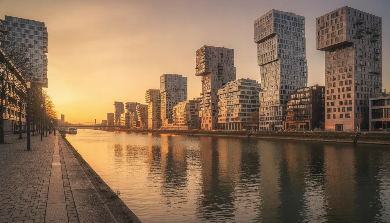 Rheinpromenade und Medienhafen in Düsseldorf im warmen Abendlicht – Anschlussfinanzierung und Leitzins 2026