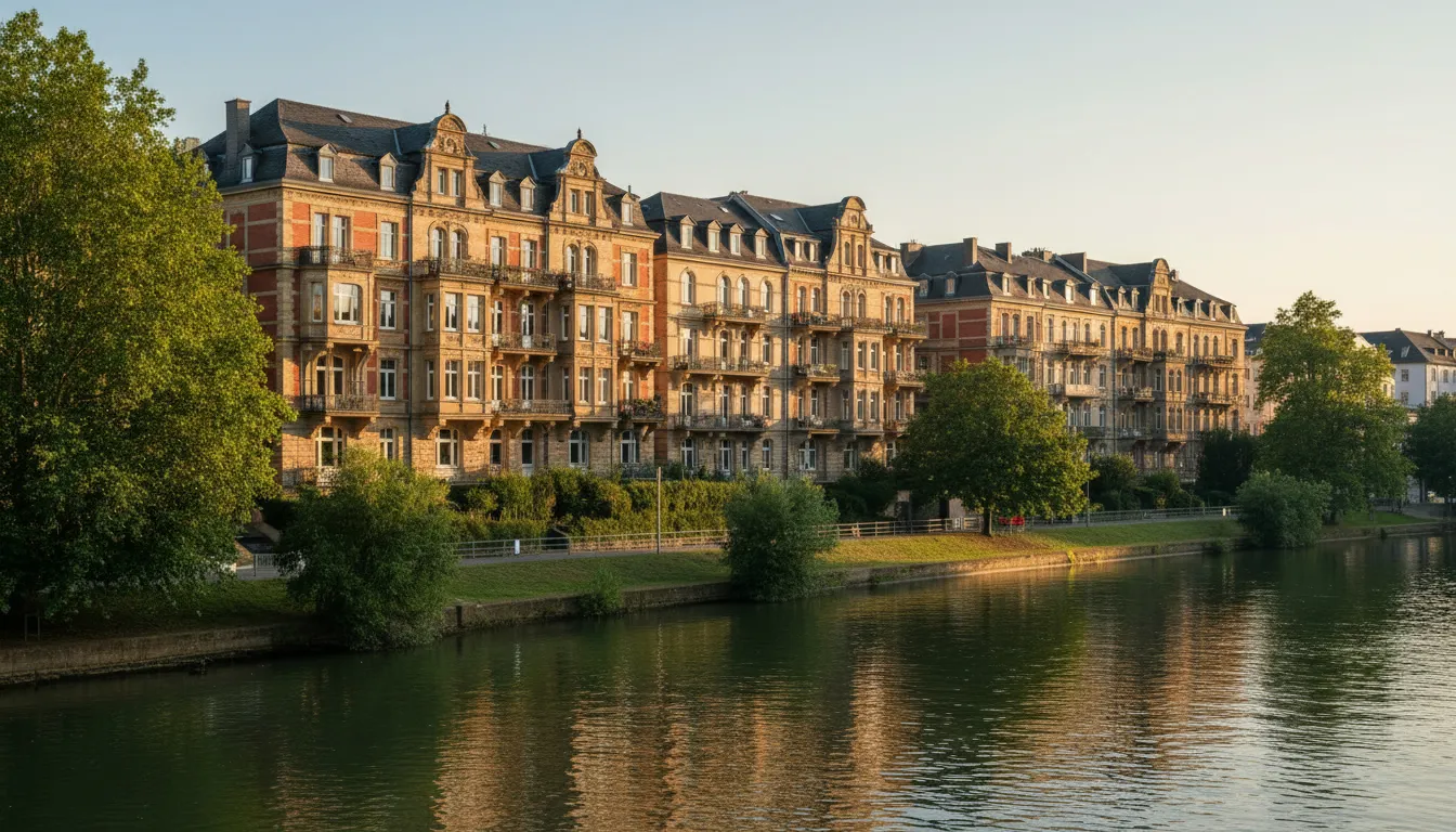 Gruenderzeit-Wohnhaeuser am Rheinufer in Bonn, NRW — Symbolbild fuer die Immobilienpreis-Prognose bis 2035