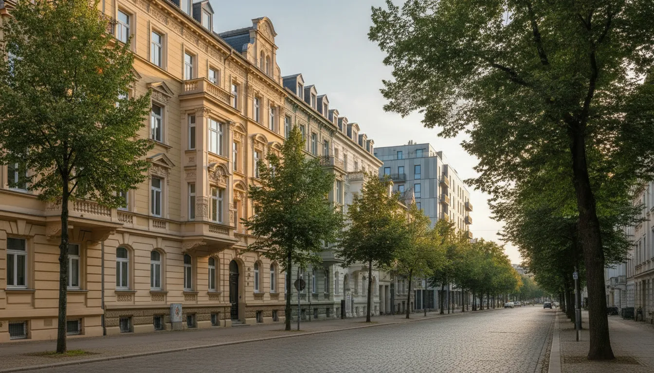 Sanierte Gruenderzeit-Altbauten in einem Leipziger Stadtteil mit Neubau im Hintergrund