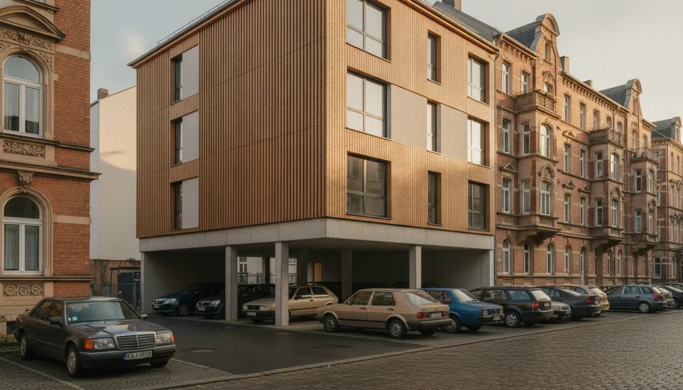 Wohngebaeude ueber einem Parkplatz in einer NRW-Stadt — Nachverdichtung durch Parkplatz-Ueberbauung